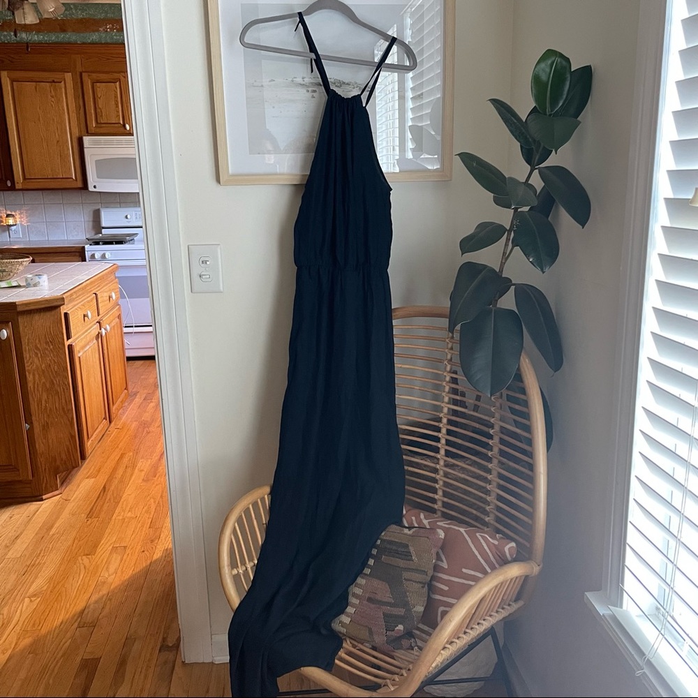 Natalie Deayala Navy Silk Halter Dress with Slit